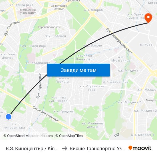В.З. Киноцентър / Kinotsentar Villa Zone (0412) to Висше Транспортно Училище Тодор Каблешков map