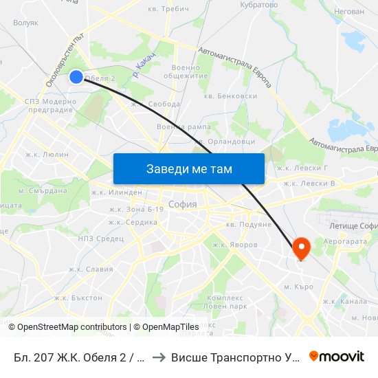 Бл. 207 Ж.К. Обеля 2 / Bl. 207, Obelya 2 Qr. (0162) to Висше Транспортно Училище Тодор Каблешков map