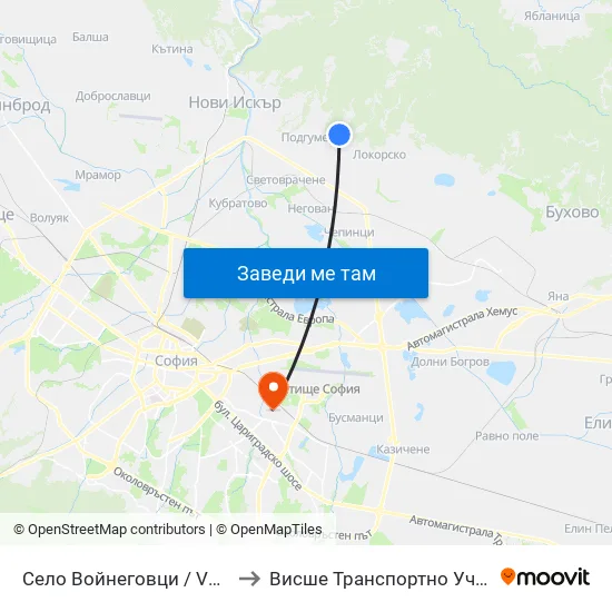 Село Войнеговци / Voynegovtsi Village (1516) to Висше Транспортно Училище Тодор Каблешков map