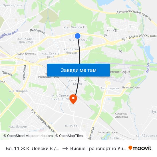 Бл. 11 Ж.К. Левски В / Bl. 11, Levski V Qr. (0131) to Висше Транспортно Училище Тодор Каблешков map