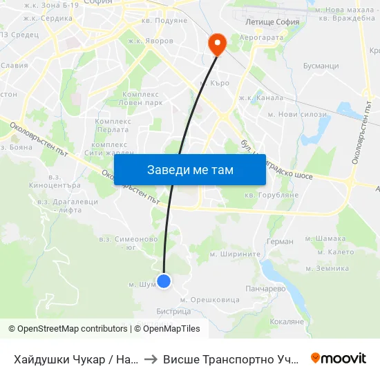 Хайдушки Чукар / Haydushki Chukar (1443) to Висше Транспортно Училище Тодор Каблешков map