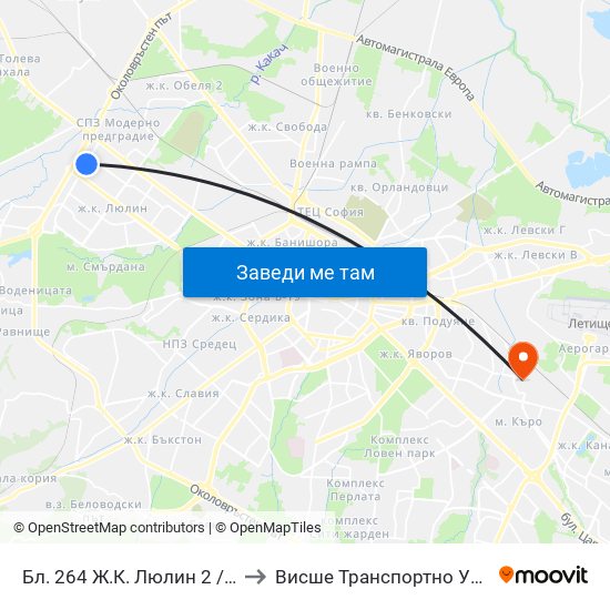 Бл. 264 Ж.К. Люлин 2 / Bl. 264, Lyulin 2 Qr. (0152) to Висше Транспортно Училище Тодор Каблешков map