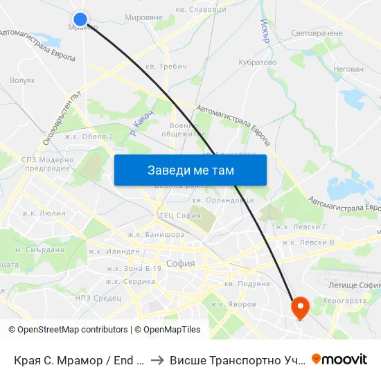 Края С. Мрамор / End Of Mramor Village (0438) to Висше Транспортно Училище Тодор Каблешков map