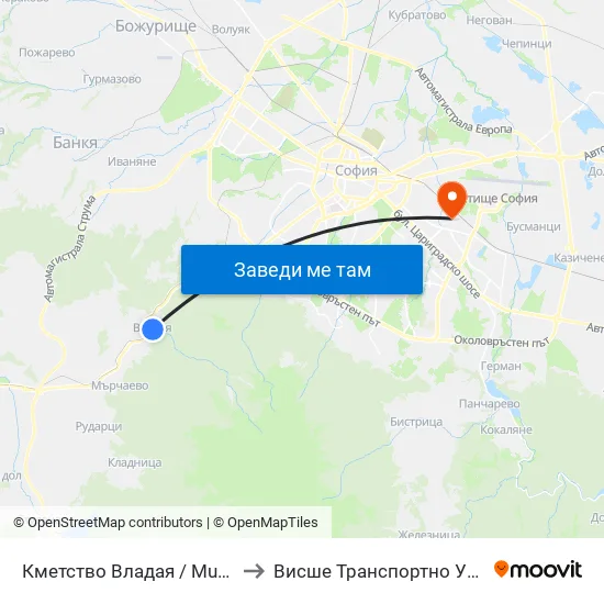 Кметство Владая / Municipality Of Vladaya (1515) to Висше Транспортно Училище Тодор Каблешков map