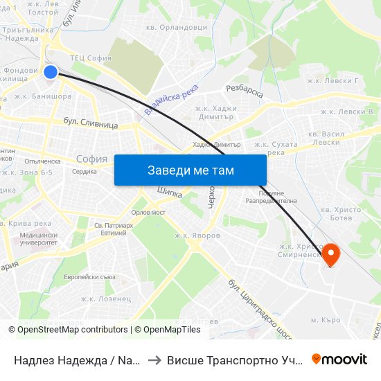 Надлез Надежда / Nadezhda Overpass (1114) to Висше Транспортно Училище Тодор Каблешков map