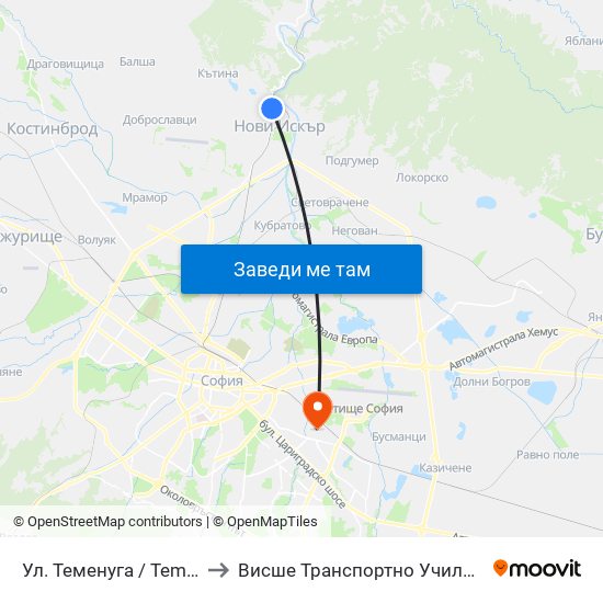 Ул. Теменуга / Temenuga St. (2200) to Висше Транспортно Училище Тодор Каблешков map