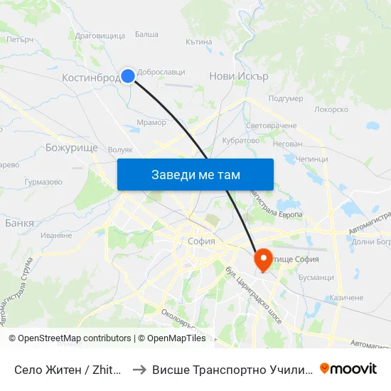 Село Житен / Zhiten Village (1534) to Висше Транспортно Училище Тодор Каблешков map