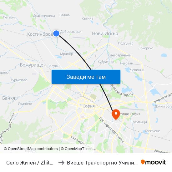 Село Житен / Zhiten Village (1533) to Висше Транспортно Училище Тодор Каблешков map