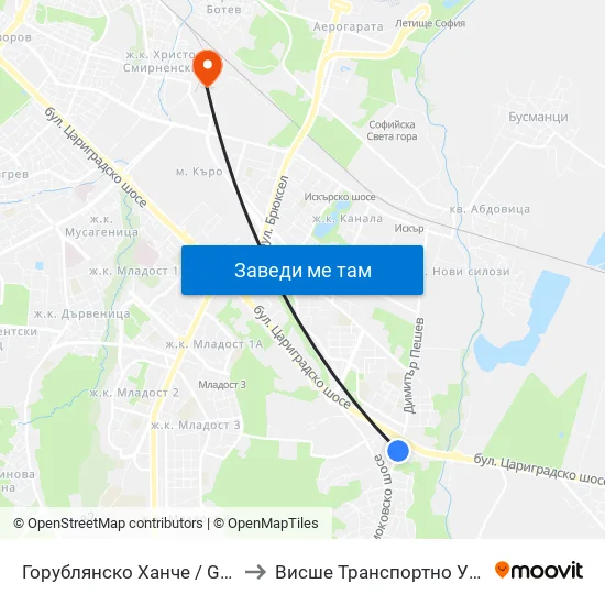 Горублянско Ханче / Gorublyansko Hanche (0498) to Висше Транспортно Училище Тодор Каблешков map