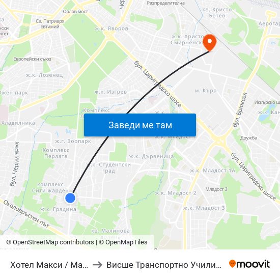 Хотел Макси / Maxi Hotel (2321) to Висше Транспортно Училище Тодор Каблешков map