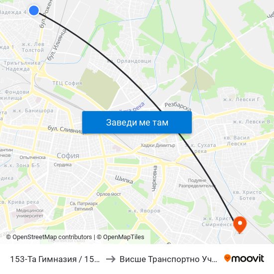 153-Та Гимназия / 153-Th High School (2275) to Висше Транспортно Училище Тодор Каблешков map