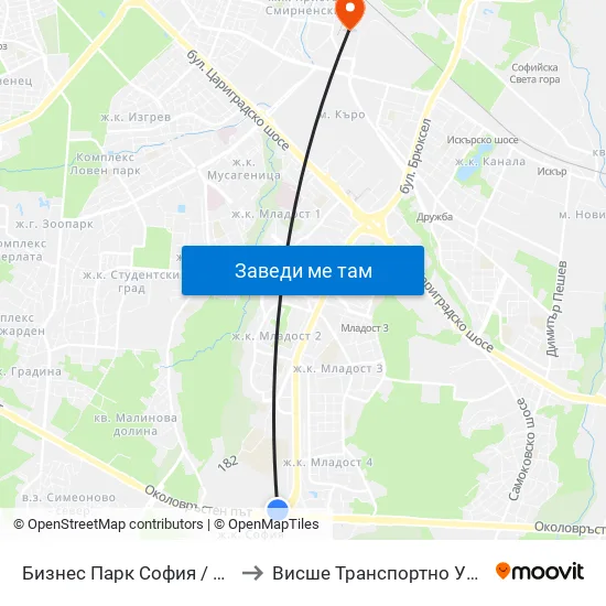 Бизнес Парк София / Business Park Sofia (2625) to Висше Транспортно Училище Тодор Каблешков map