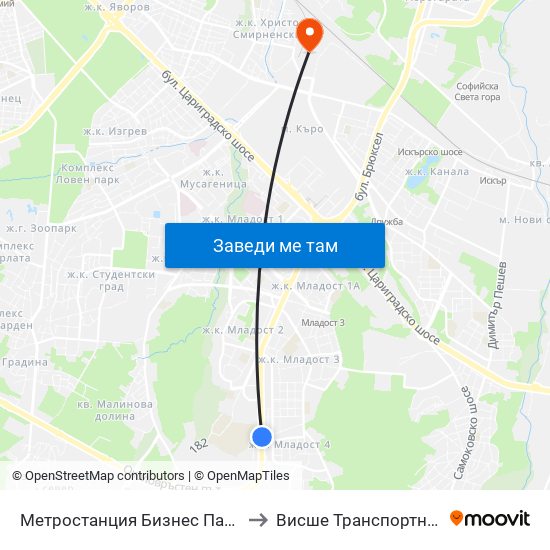 Метростанция Бизнес Парк / Business Park Metro Station (2373) to Висше Транспортно Училище Тодор Каблешков map