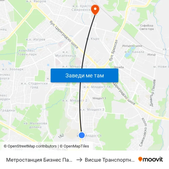 Ⓜ️ Метростанция Бизнес Парк / Business Park Metro Station (2374) to Висше Транспортно Училище Тодор Каблешков map