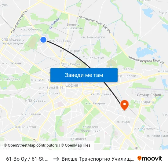 61-Во Оу / 61-St School (2278) to Висше Транспортно Училище Тодор Каблешков map