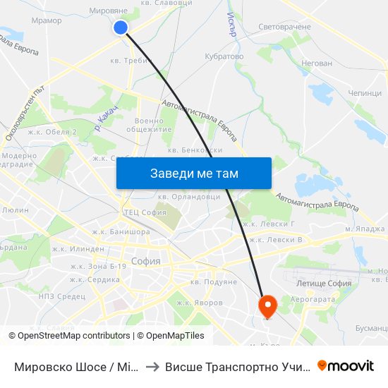 Мировско Шосе / Mirovsko Shosse (2629) to Висше Транспортно Училище Тодор Каблешков map