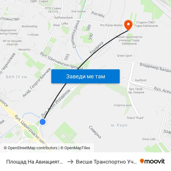 Площад На Авиацията / Aviation Square (1260) to Висше Транспортно Училище Тодор Каблешков map