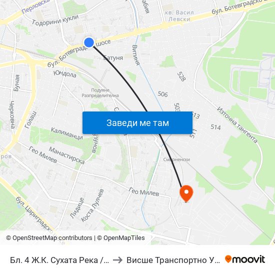 Бл. 4 Ж.К. Сухата Река / Bl. 4, Suhata Reka Qr. (1470) to Висше Транспортно Училище Тодор Каблешков map