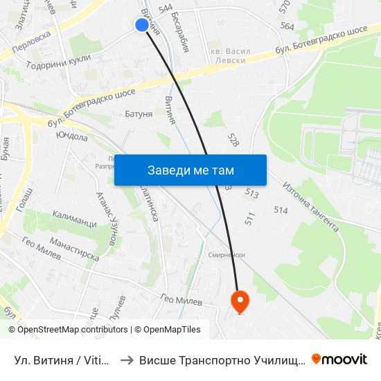 Ул. Витиня / Vitinya St. (1871) to Висше Транспортно Училище Тодор Каблешков map