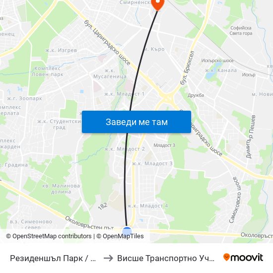 Резиденшъл Парк / Residential Park (2624) to Висше Транспортно Училище Тодор Каблешков map