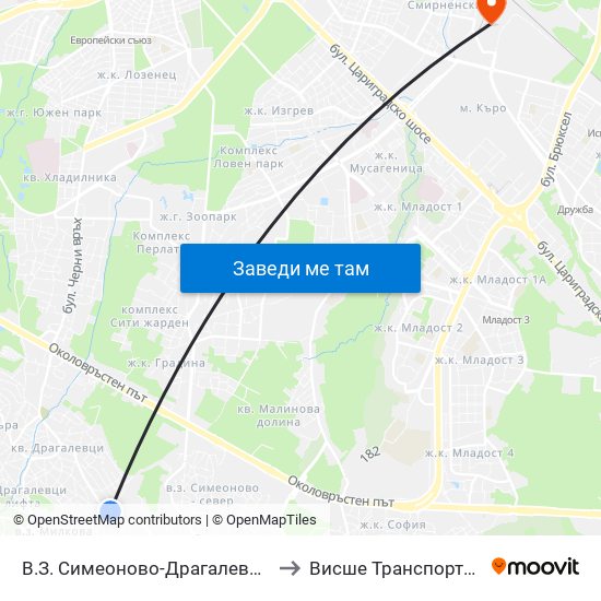 В.З. Симеоново-Драгалевци / Simeonovo-Dragalevtsi Villa Zone (0782) to Висше Транспортно Училище Тодор Каблешков map