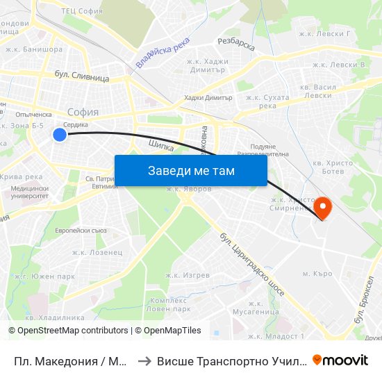 Пл. Македония / Macedonia Sq. (1283) to Висше Транспортно Училище Тодор Каблешков map