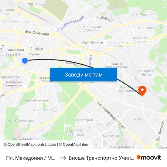 Пл. Македония / Macedonia Sq. (1282) to Висше Транспортно Училище Тодор Каблешков map