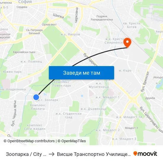 🐘 Зоопарка / City Zoo (0749) to Висше Транспортно Училище Тодор Каблешков map