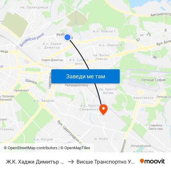 Ж.К. Хаджи Димитър / Hadzhi Dimitar Qr. (0691) to Висше Транспортно Училище Тодор Каблешков map
