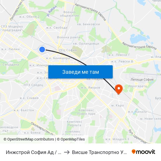 Инжстрой София Ад / Inzhstroy Sofia Jsc (0756) to Висше Транспортно Училище Тодор Каблешков map