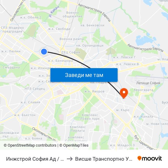 Инжстрой София Ад / Inzhstroy Sofia Jsc (0756) to Висше Транспортно Училище Тодор Каблешков map