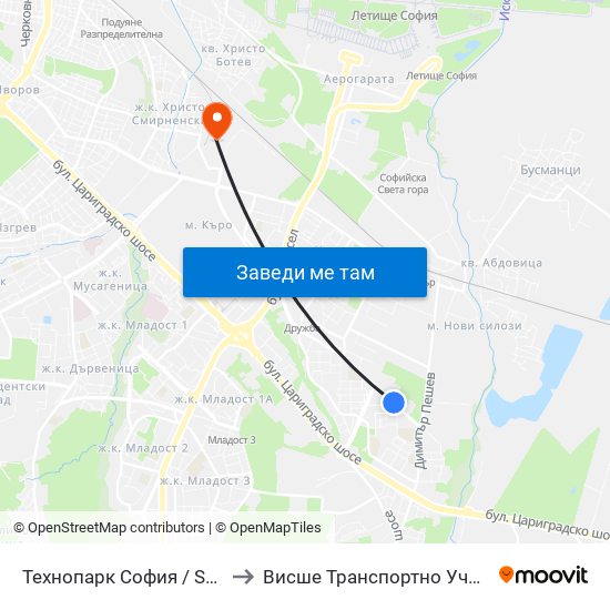 Технопарк София / Sofia Technopark (0189) to Висше Транспортно Училище Тодор Каблешков map