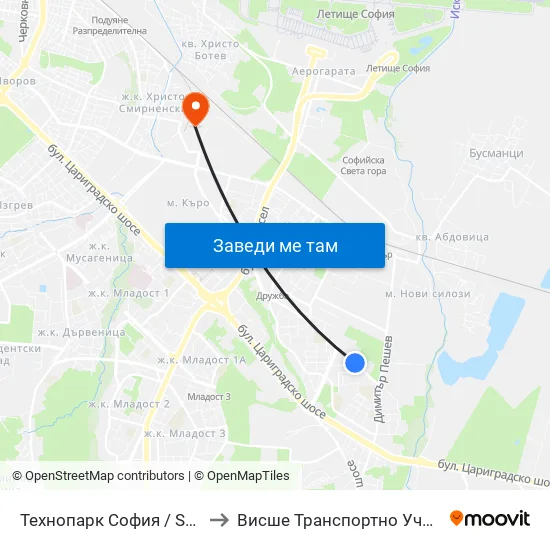 Технопарк София / Sofia Technopark (0189) to Висше Транспортно Училище Тодор Каблешков map