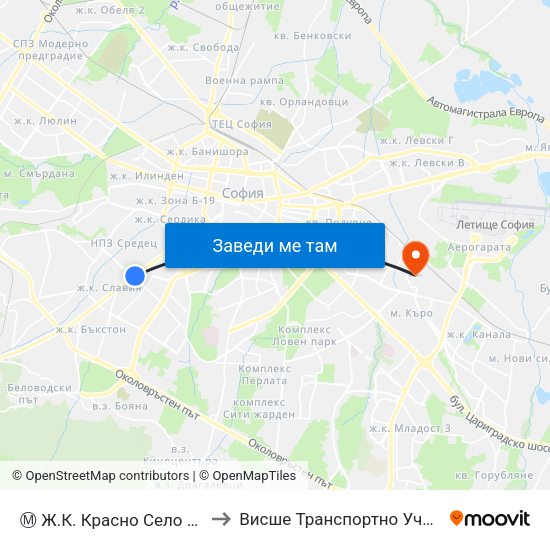 Ⓜ️ Ж.К. Красно Село / Krasno Selo Qr. (0639) to Висше Транспортно Училище Тодор Каблешков map