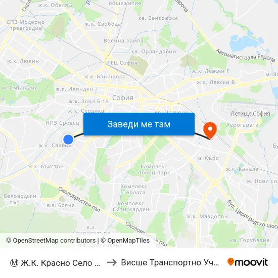 Ⓜ️ Ж.К. Красно Село / Krasno Selo Qr. (0639) to Висше Транспортно Училище Тодор Каблешков map