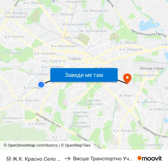 Ⓜ️ Ж.К. Красно Село / Krasno Selo Qr. (0640) to Висше Транспортно Училище Тодор Каблешков map