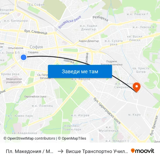 Пл. Македония / Macedonia Sq. (1279) to Висше Транспортно Училище Тодор Каблешков map
