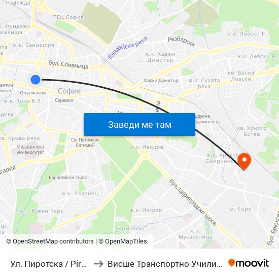 Ул. Пиротска / Pirotska St. (2114) to Висше Транспортно Училище Тодор Каблешков map