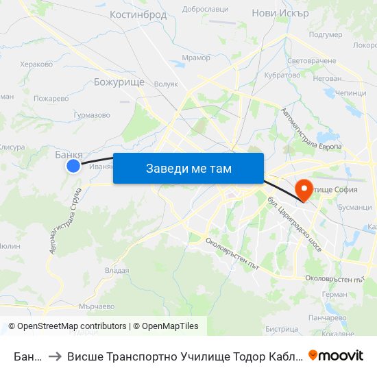Банкя to Висше Транспортно Училище Тодор Каблешков map