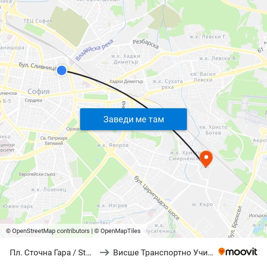 Пл. Сточна Гара / Stochna Gara Sq. (1321) to Висше Транспортно Училище Тодор Каблешков map