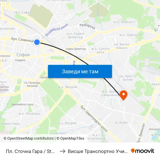 Пл. Сточна Гара / Stochna Gara Sq. (1321) to Висше Транспортно Училище Тодор Каблешков map