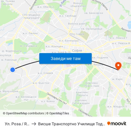 Ул. Роза / Roza St. to Висше Транспортно Училище Тодор Каблешков map