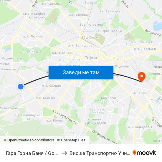 Гара Горна Баня / Gorna Banya Train Station to Висше Транспортно Училище Тодор Каблешков map