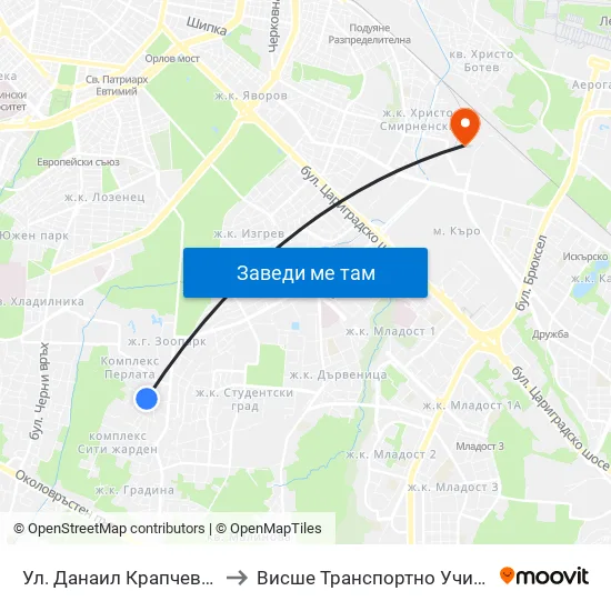 Ул. Данаил Крапчев / Danail Krapchev St. to Висше Транспортно Училище Тодор Каблешков map