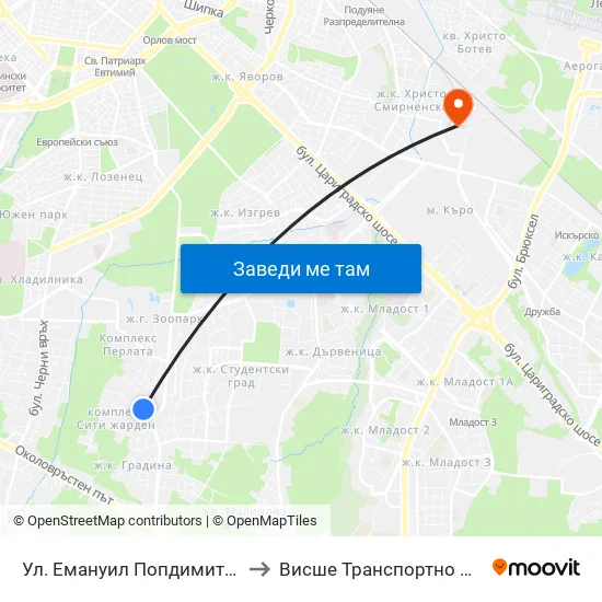 Ул. Емануил Попдимитров / Emanuil Popdimitrov St. to Висше Транспортно Училище Тодор Каблешков map