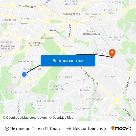 Ⓜ️ Читалище Пенчо П. Славейков 1921 / Pencho P. Slaveykov Library 1921 (0922) to Висше Транспортно Училище Тодор Каблешков map