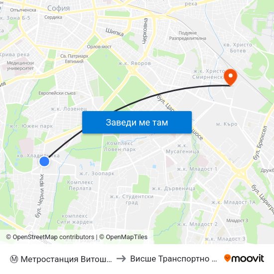 Ⓜ️ Метростанция Витоша / Vitosha Metro Station (0911) to Висше Транспортно Училище Тодор Каблешков map