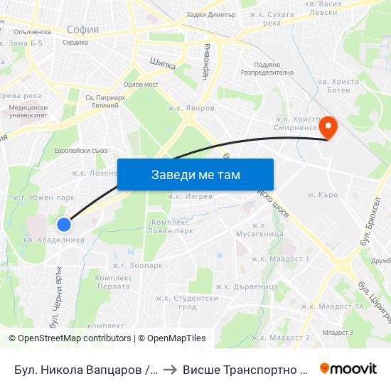 Бул. Никола Вапцаров / Nikola Vaptsarov Blvd. (0342) to Висше Транспортно Училище Тодор Каблешков map