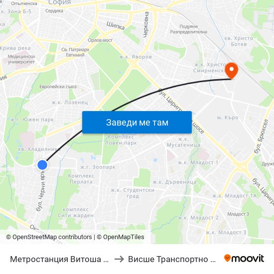 Ⓜ️ Метростанция Витоша / Vitosha Metro Station (2780) to Висше Транспортно Училище Тодор Каблешков map