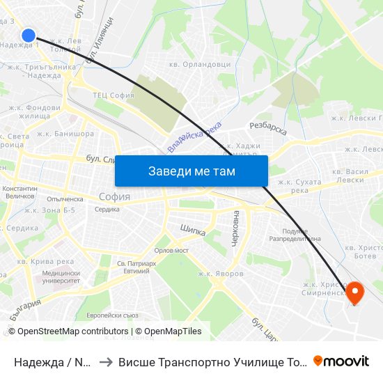 Надежда / Nadezhda to Висше Транспортно Училище Тодор Каблешков map
